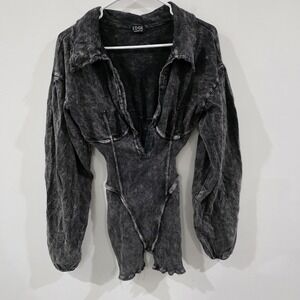 Edgy Womens Ribbed Puff Sleep Jumpsuit Romper Size Large Stonewash Grunge Fitted